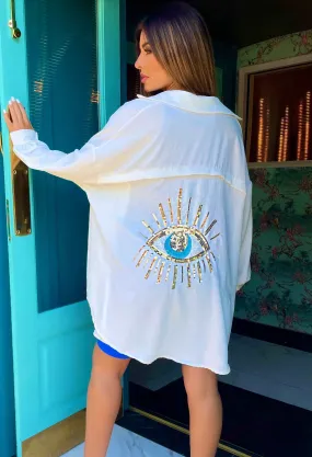 All Eyes On Me White Sequin Eye Shirt