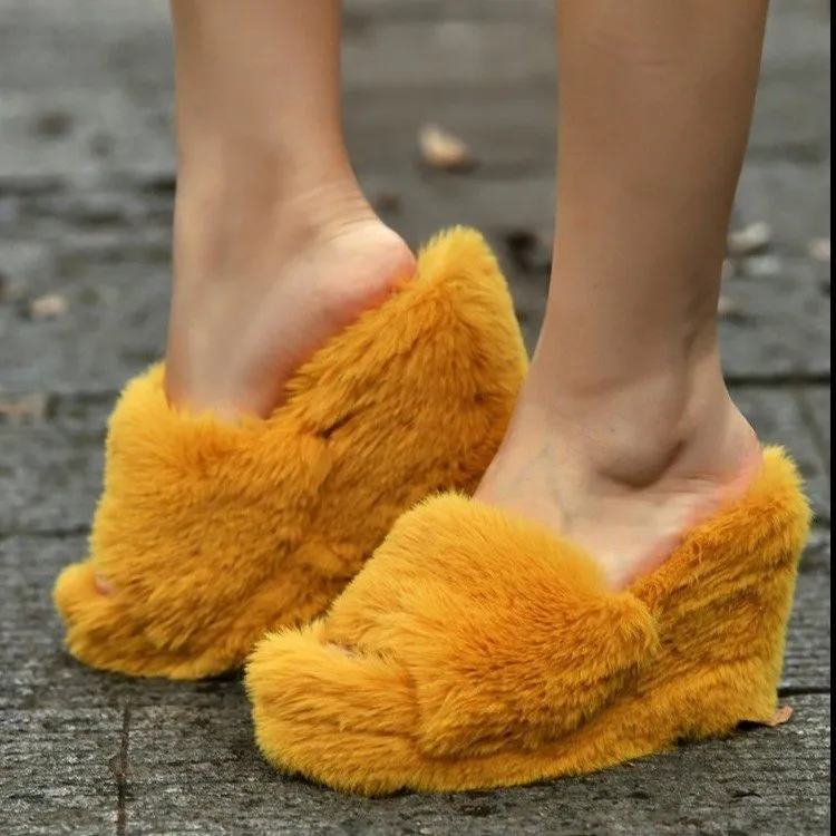 Amozae Luxury New Women Feminine High-Heeled Fur Drag Outdoor All-Match Shoes Slippers Round Head Wedges With Mink Fur Slippers