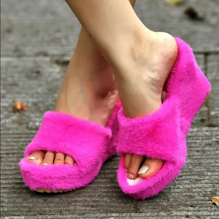 Amozae Luxury New Women Feminine High-Heeled Fur Drag Outdoor All-Match Shoes Slippers Round Head Wedges With Mink Fur Slippers