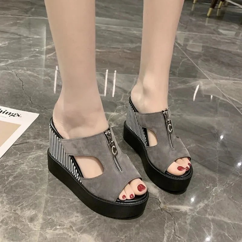 Amozae-Wedges Slippers Women 2023 Summer New Platform Sandals Zipper Fish Mouth Matte Leather High Heels Luxury Wedges Shoes for Women