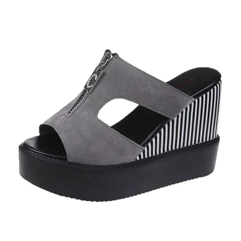 Amozae-Wedges Slippers Women 2023 Summer New Platform Sandals Zipper Fish Mouth Matte Leather High Heels Luxury Wedges Shoes for Women