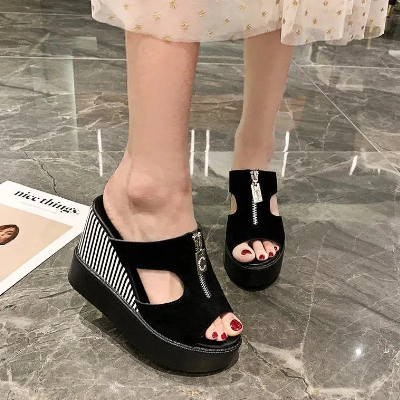 Amozae-Wedges Slippers Women 2023 Summer New Platform Sandals Zipper Fish Mouth Matte Leather High Heels Luxury Wedges Shoes for Women