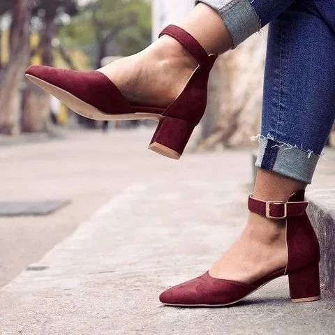 Ankle strap buckle pumps short block heels