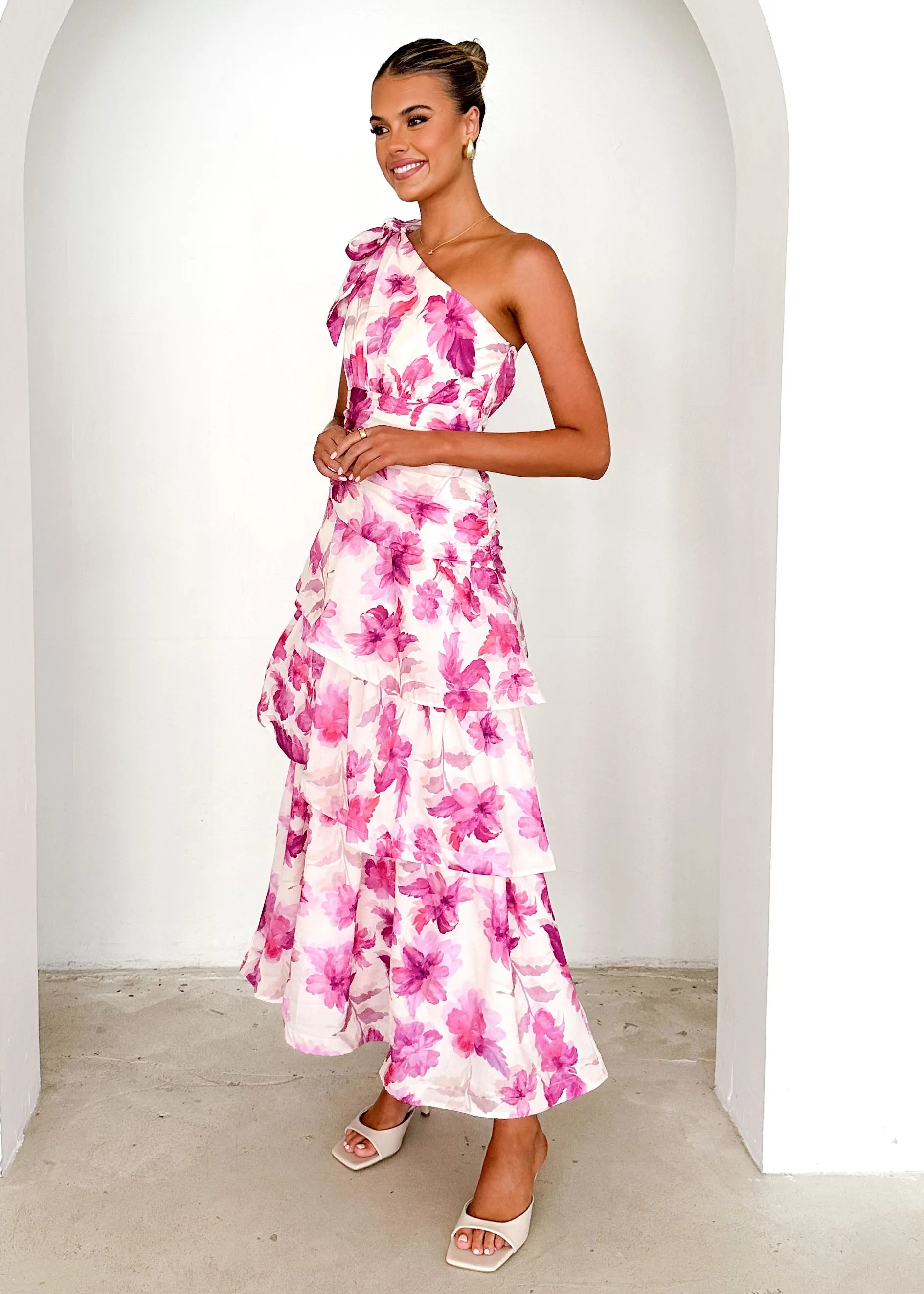 Anrielle One Shoulder Maxi Dress - Pink Flowers