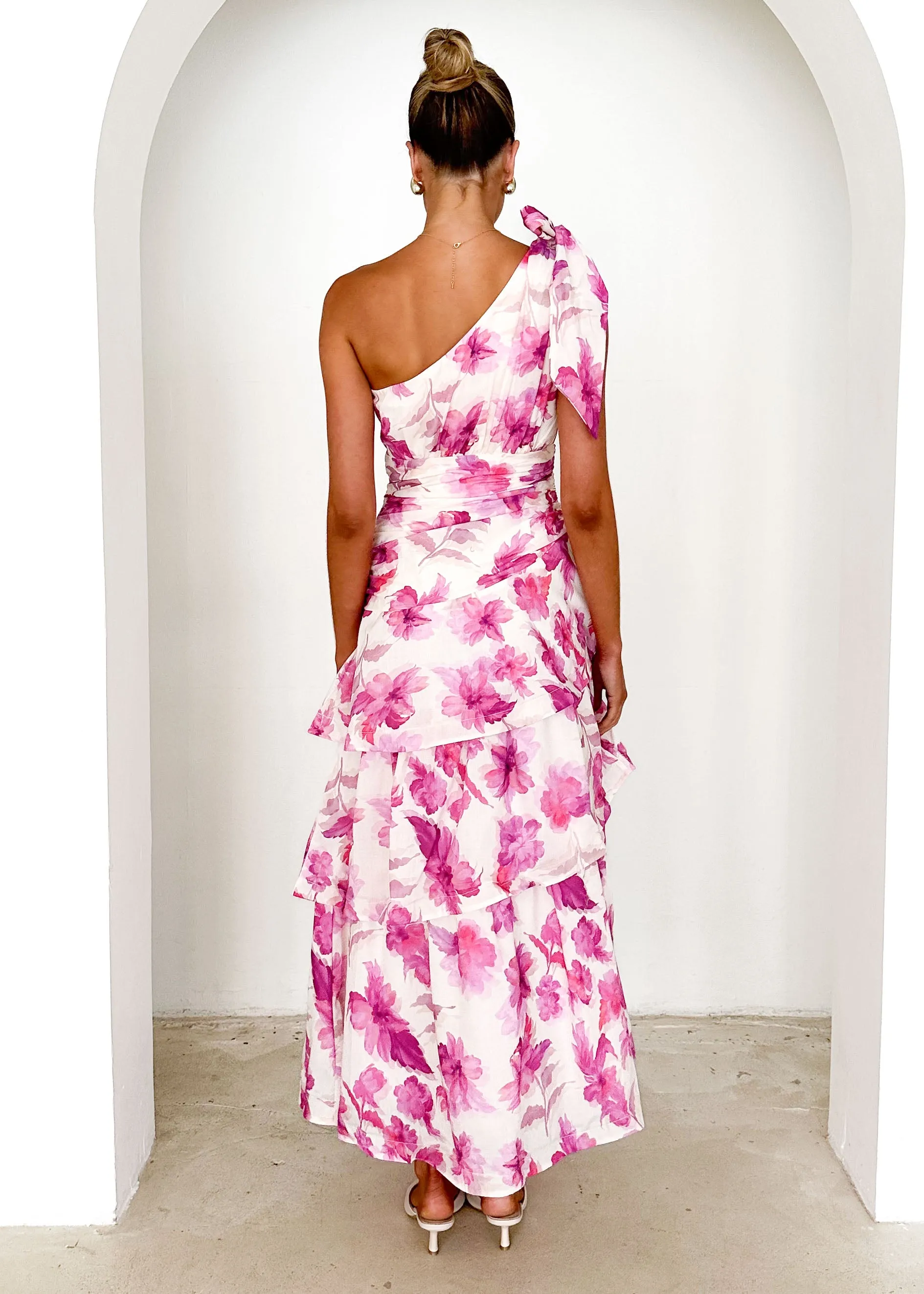 Anrielle One Shoulder Maxi Dress - Pink Flowers