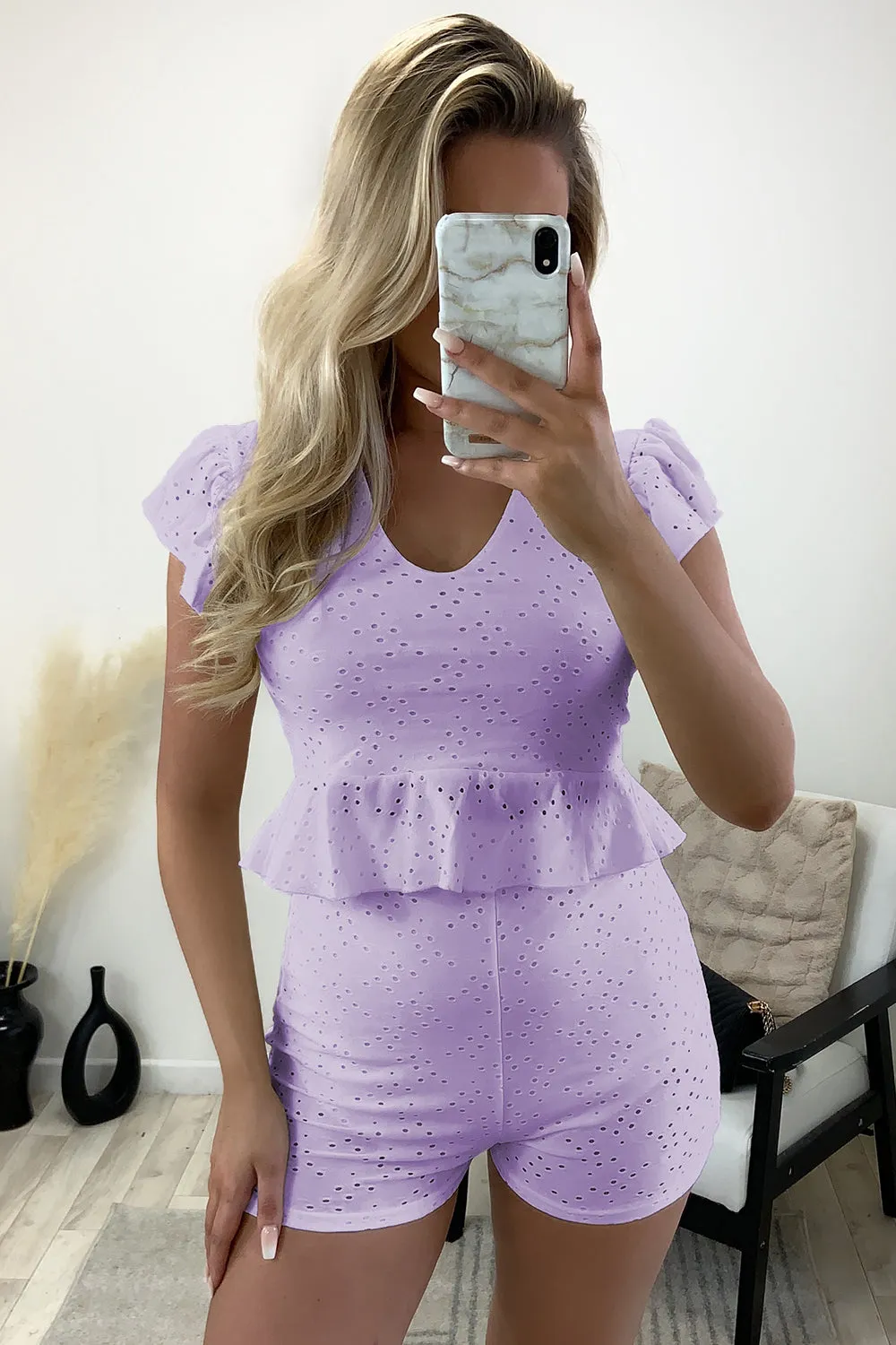 Arella Purple Anglaise Frill Hem Top and Shorts Co-Ord Set