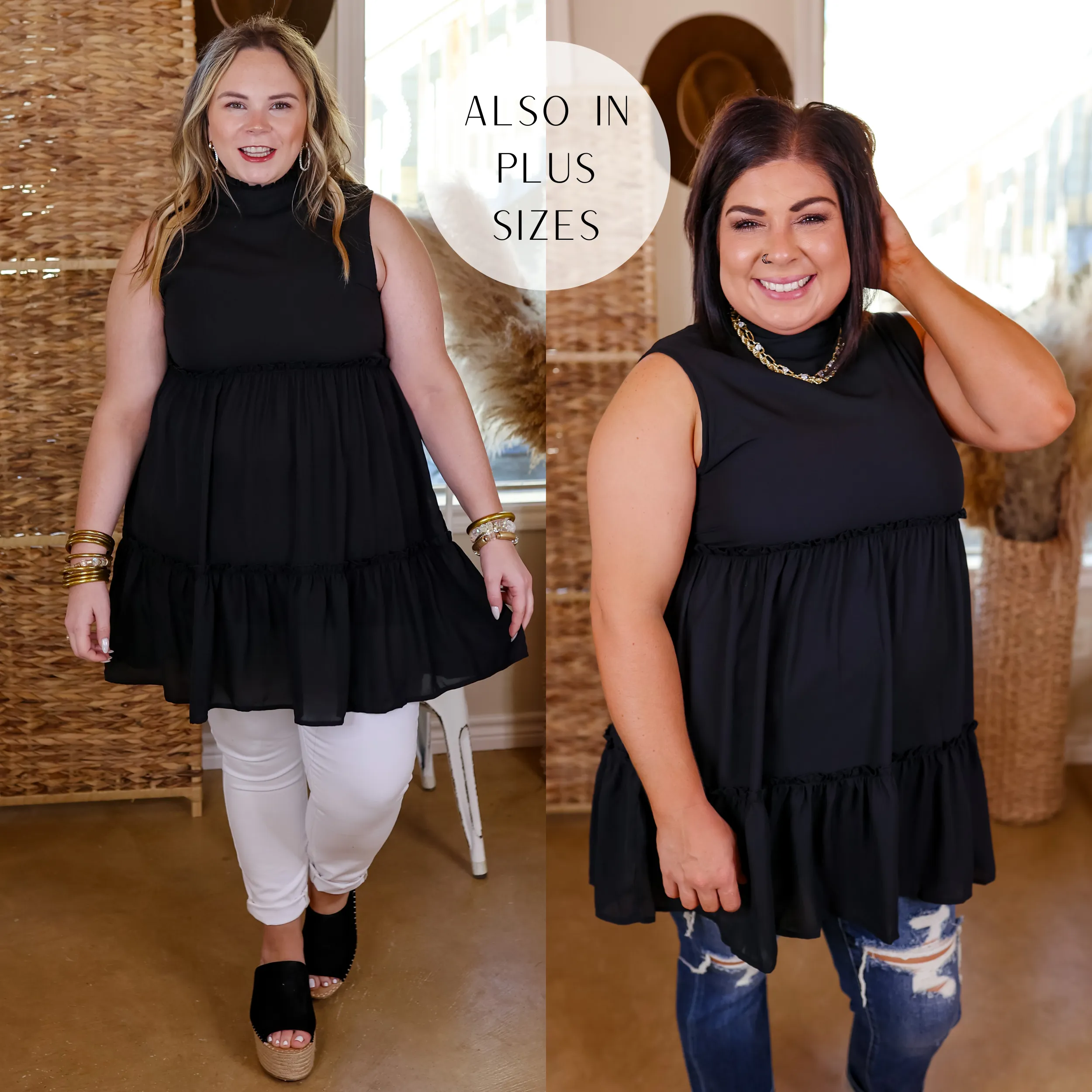 Attempt To Charm High Ruffle Neck Tank Tunic Top in Black