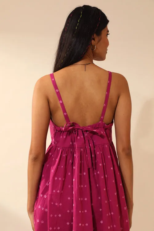 Bandhani Strappy Knee Length Dress In Magenta Pink