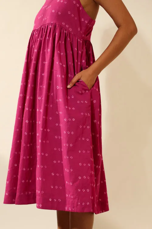 Bandhani Strappy Knee Length Dress In Magenta Pink