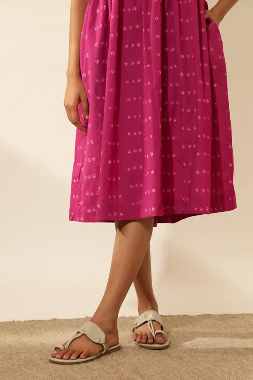 Bandhani Strappy Knee Length Dress In Magenta Pink