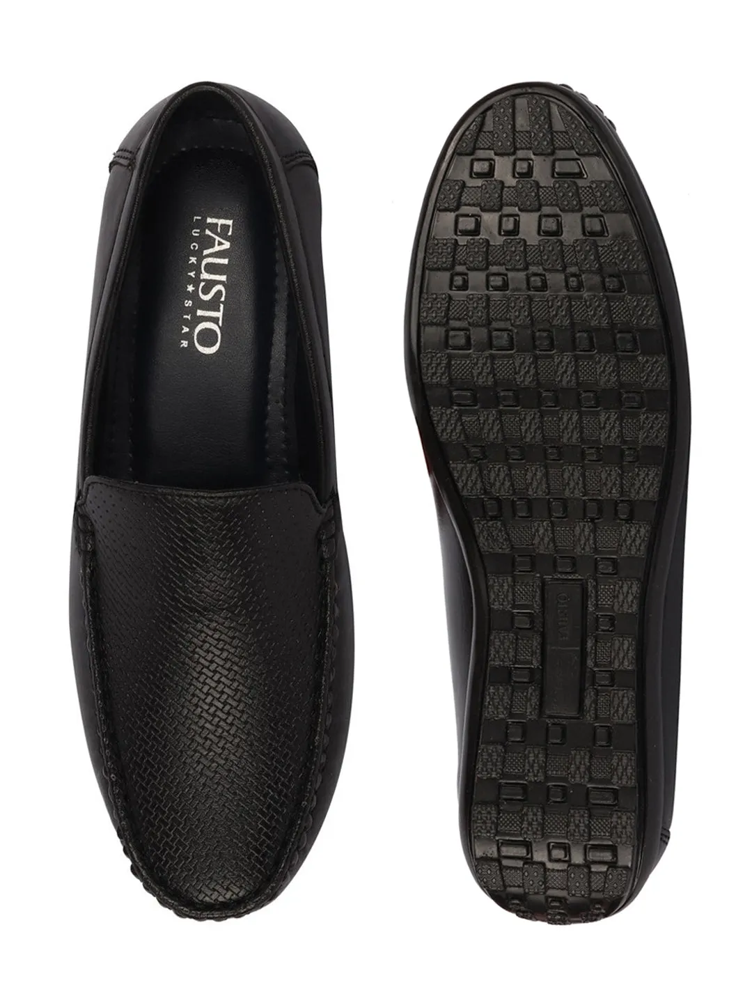 Basics Men Black Textured Print Side Stitched Casual Slip On Loafers and Moccasin Shoes