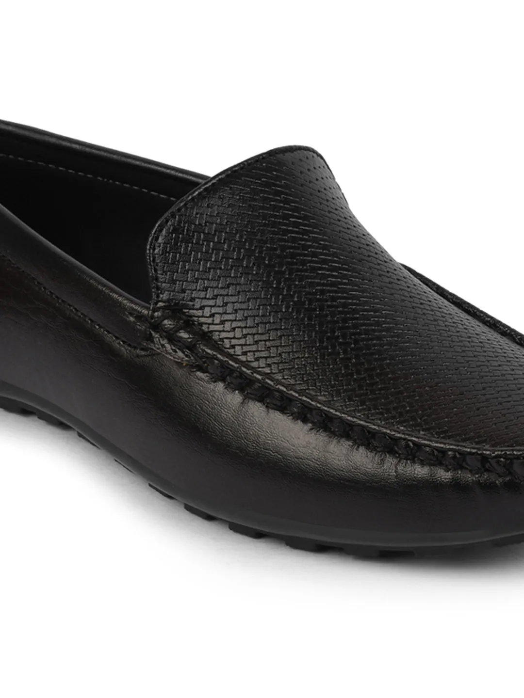 Basics Men Black Textured Print Side Stitched Casual Slip On Loafers and Moccasin Shoes