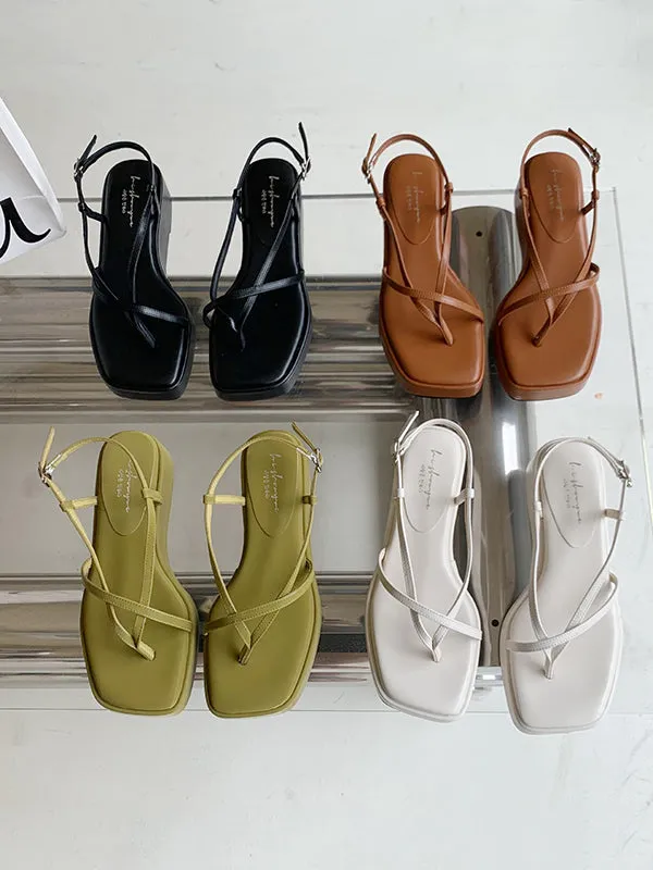 Belt Buckle Hollow Solid Color Square-Toe Sandals Platform Shoes