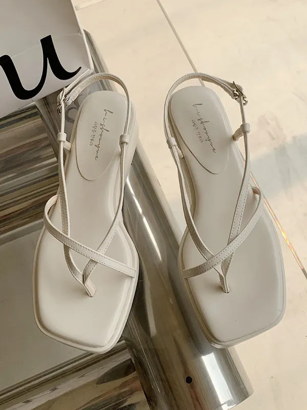 Belt Buckle Hollow Solid Color Square-Toe Sandals Platform Shoes