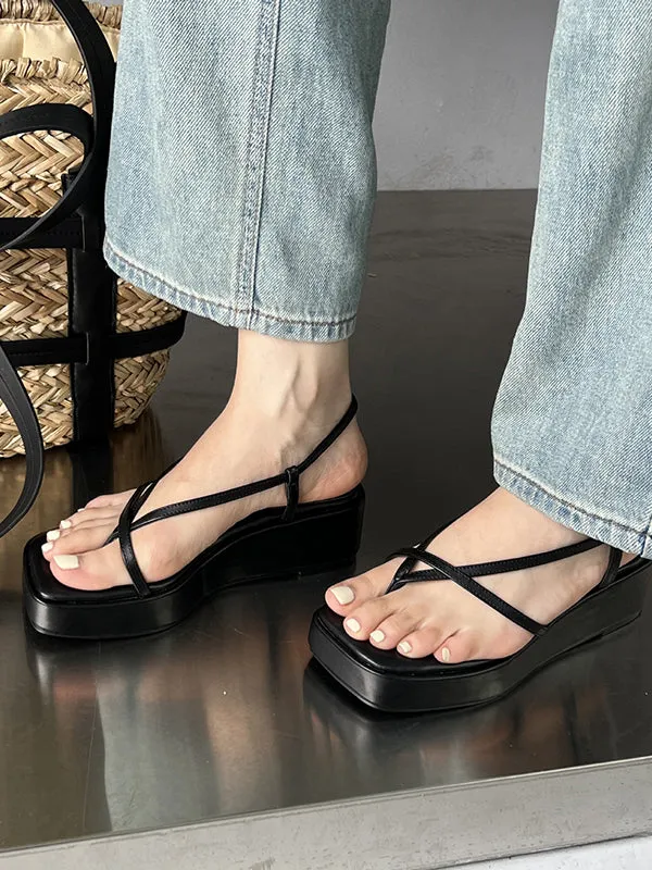 Belt Buckle Hollow Solid Color Square-Toe Sandals Platform Shoes