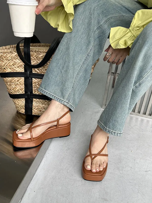 Belt Buckle Hollow Solid Color Square-Toe Sandals Platform Shoes