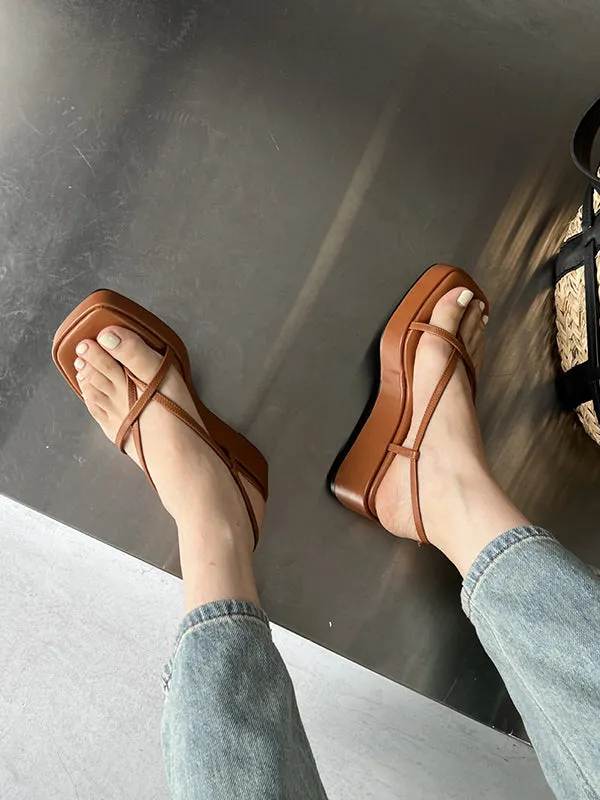 Belt Buckle Hollow Solid Color Square-Toe Sandals Platform Shoes