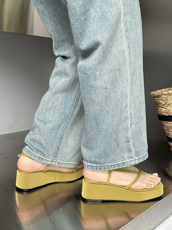 Belt Buckle Hollow Solid Color Square-Toe Sandals Platform Shoes