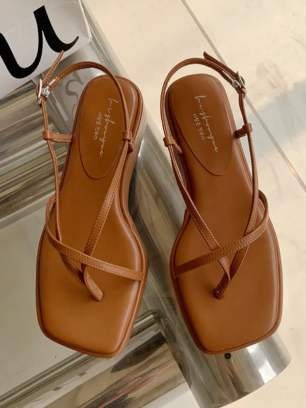 Belt Buckle Hollow Solid Color Square-Toe Sandals Platform Shoes