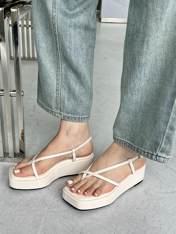 Belt Buckle Hollow Solid Color Square-Toe Sandals Platform Shoes