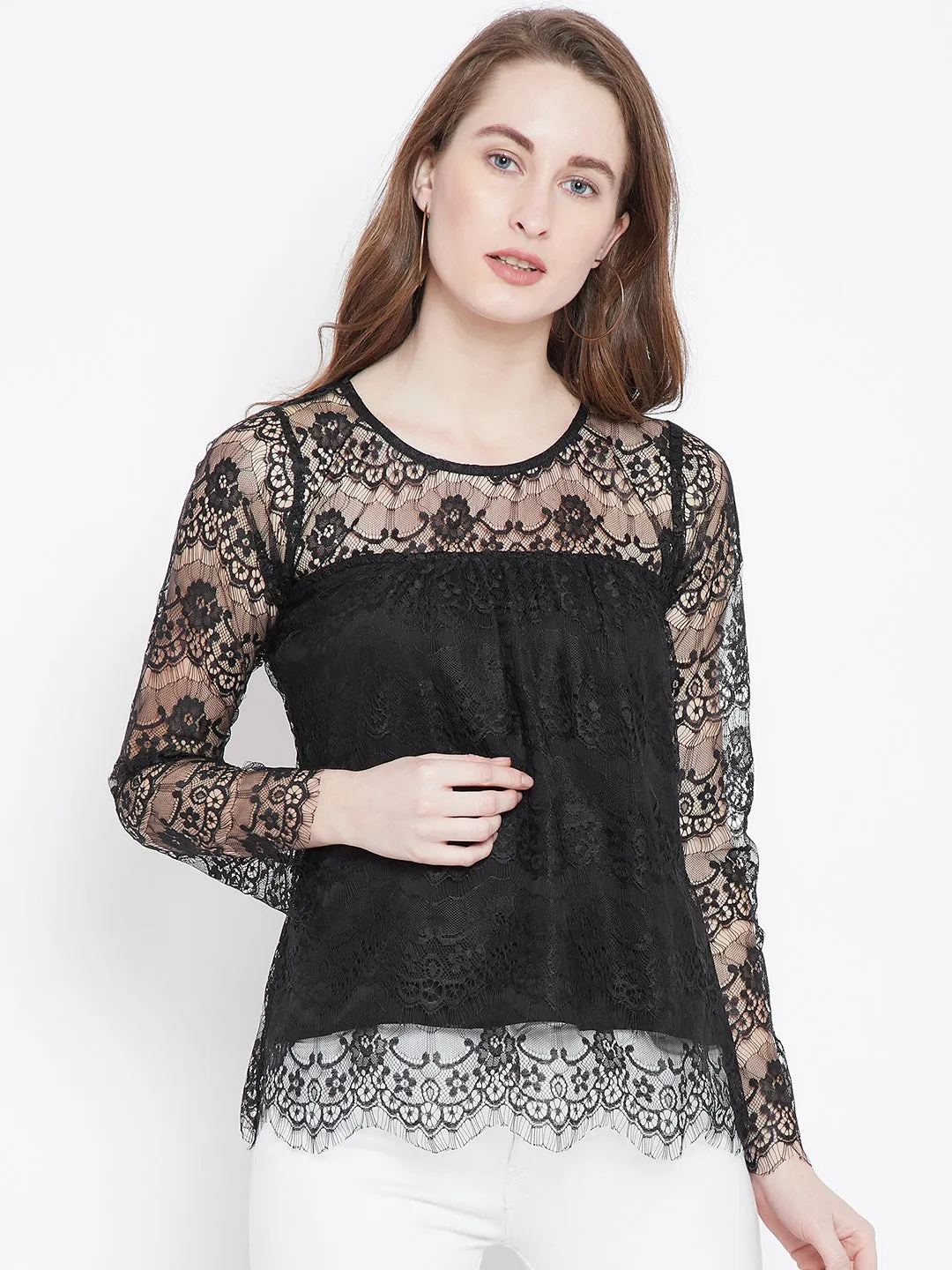 Berrylush Women Black Lace Pattern Round Neck Semi Sheer Asymmetric A-Line Regular Top