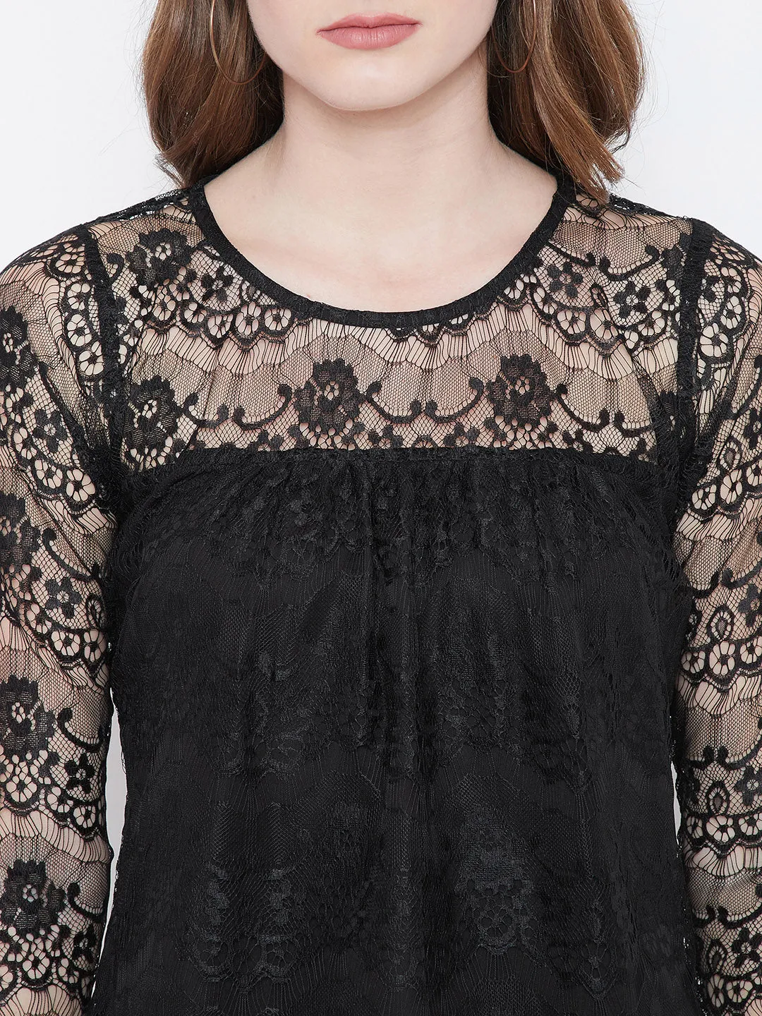 Berrylush Women Black Lace Pattern Round Neck Semi Sheer Asymmetric A-Line Regular Top