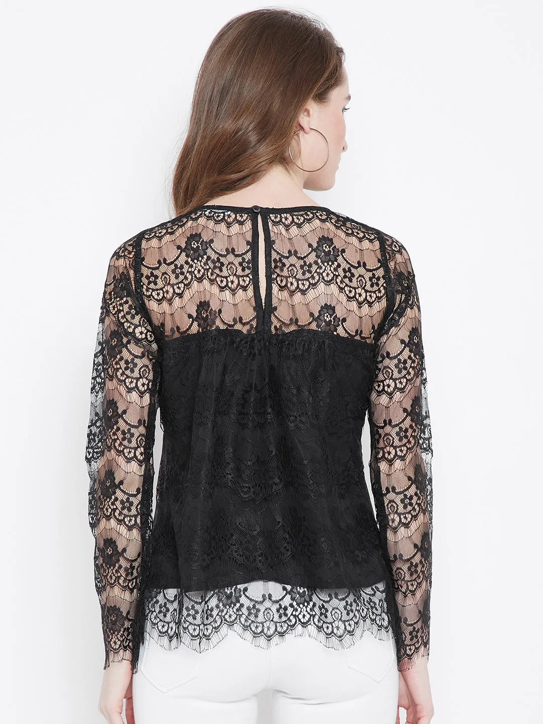 Berrylush Women Black Lace Pattern Round Neck Semi Sheer Asymmetric A-Line Regular Top