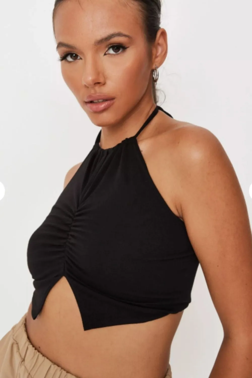 Black Halterneck Ruched Front Cami Top