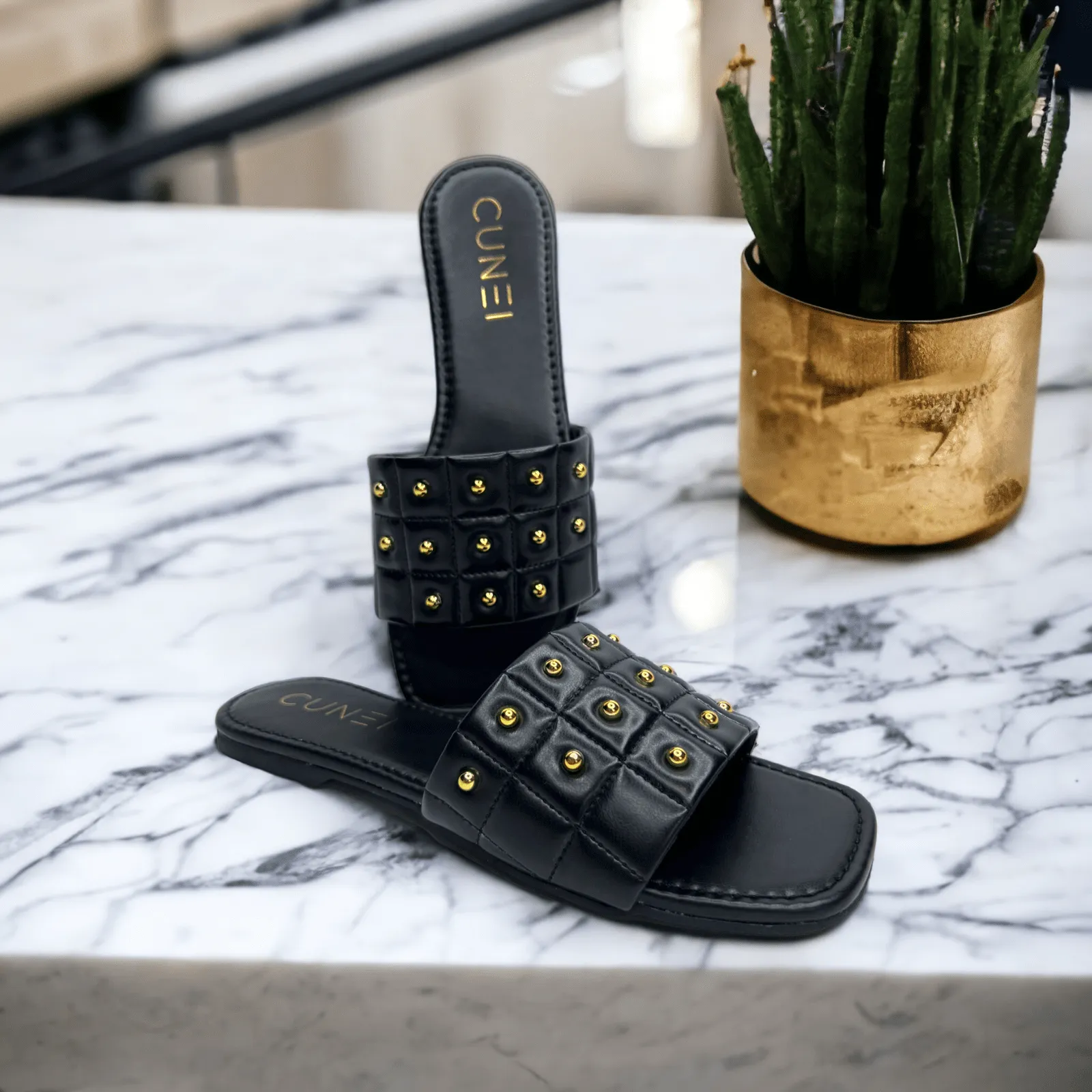 Black Opulence Buttoned Slides