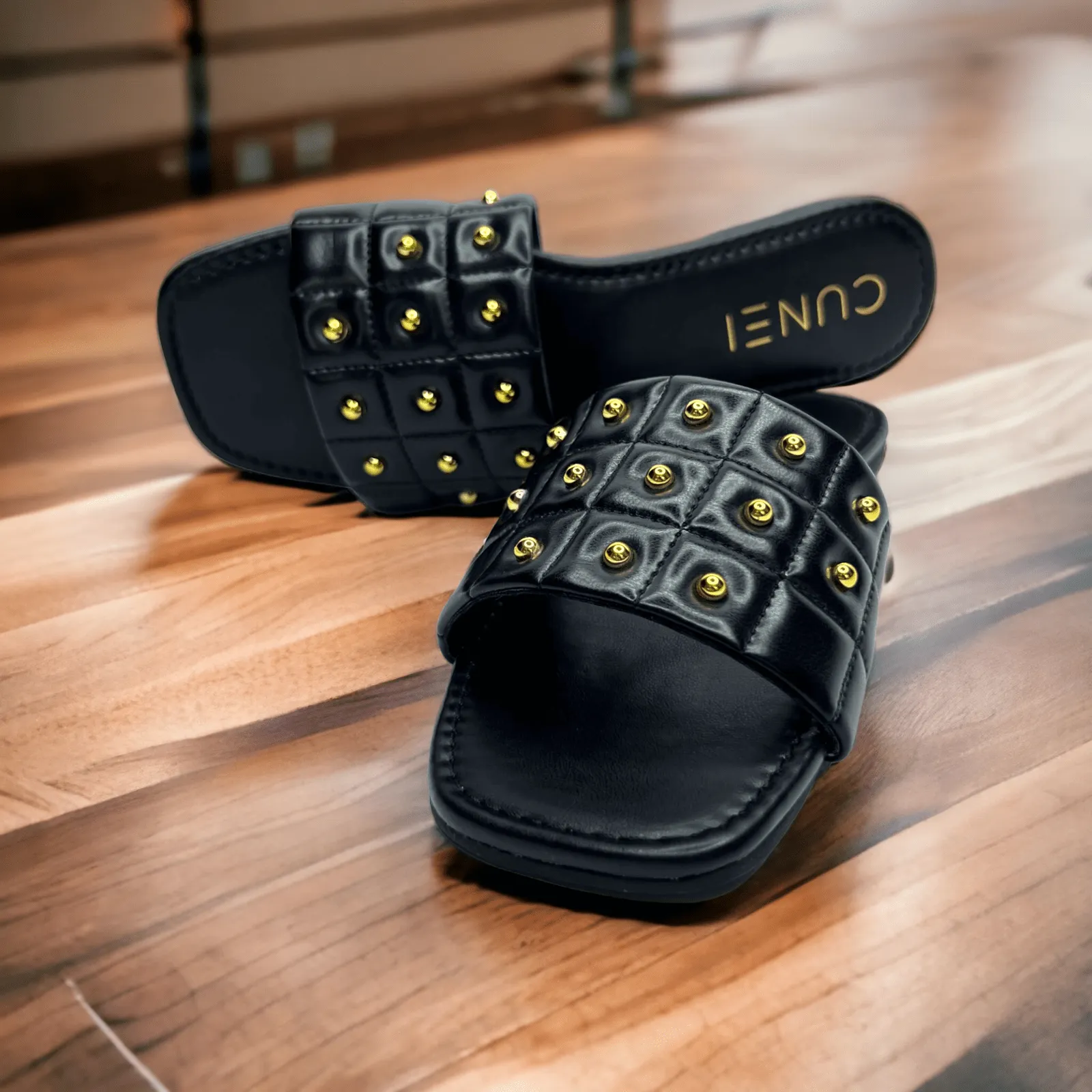 Black Opulence Buttoned Slides