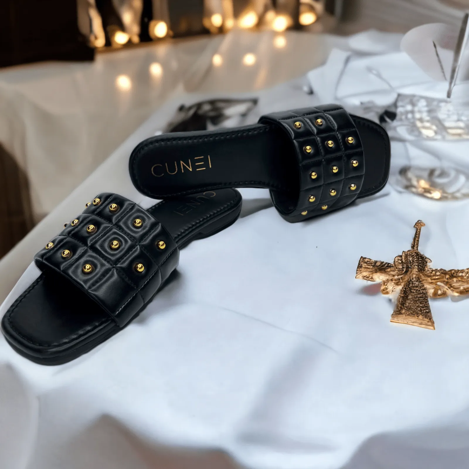 Black Opulence Buttoned Slides