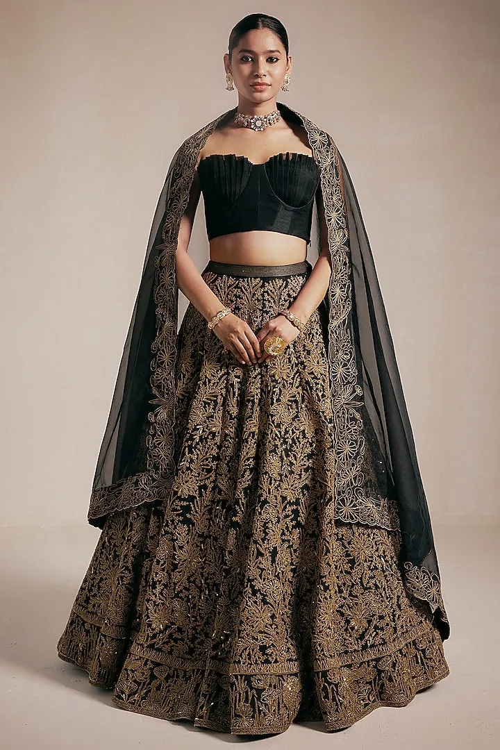 Black Organza & Chanderi Embroidered Lehenga Set