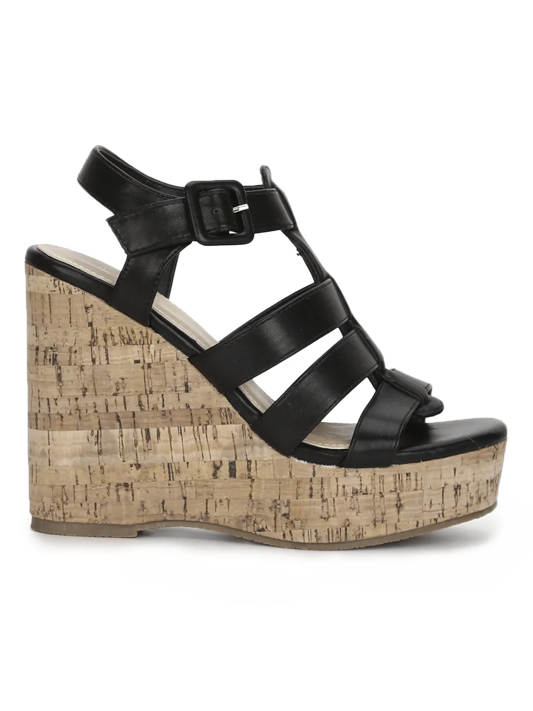 Black Pu Strapped Wedges