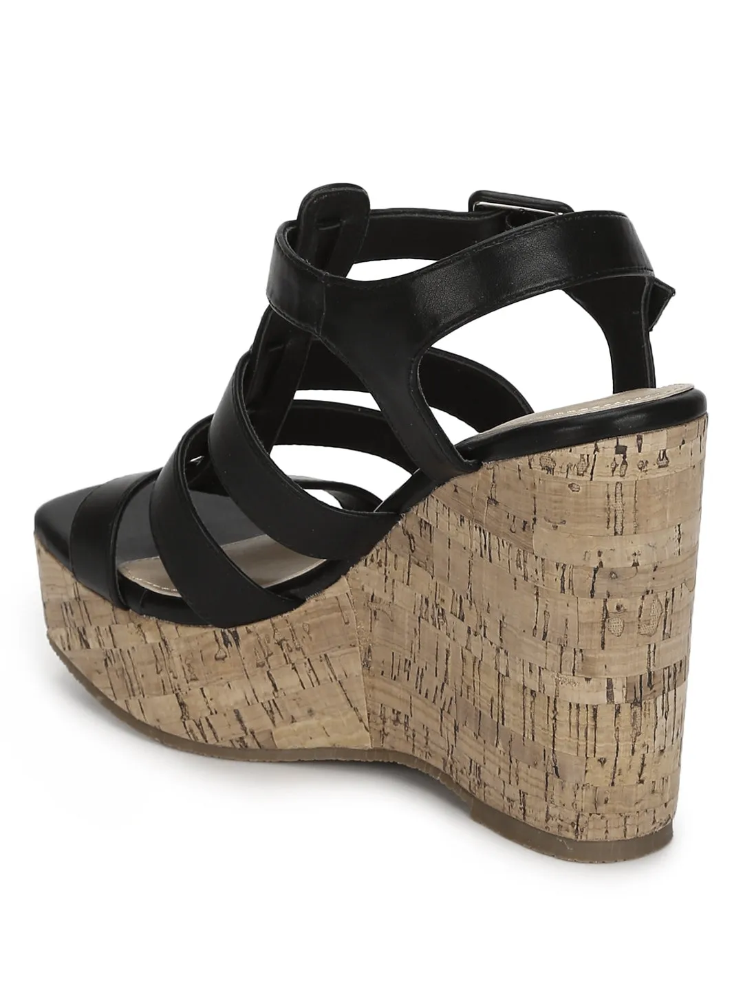 Black Pu Strapped Wedges