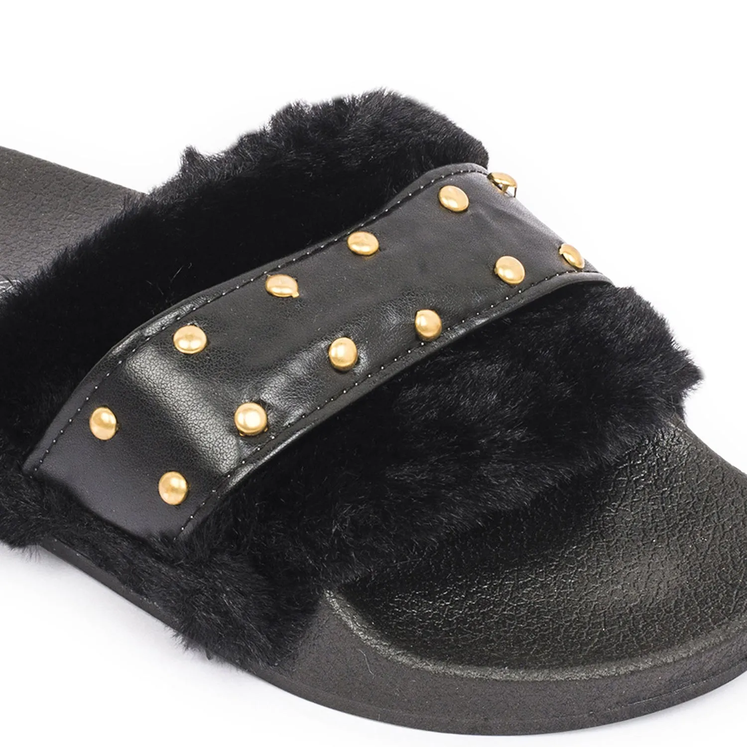 Black Studded Fur Flat Sliders