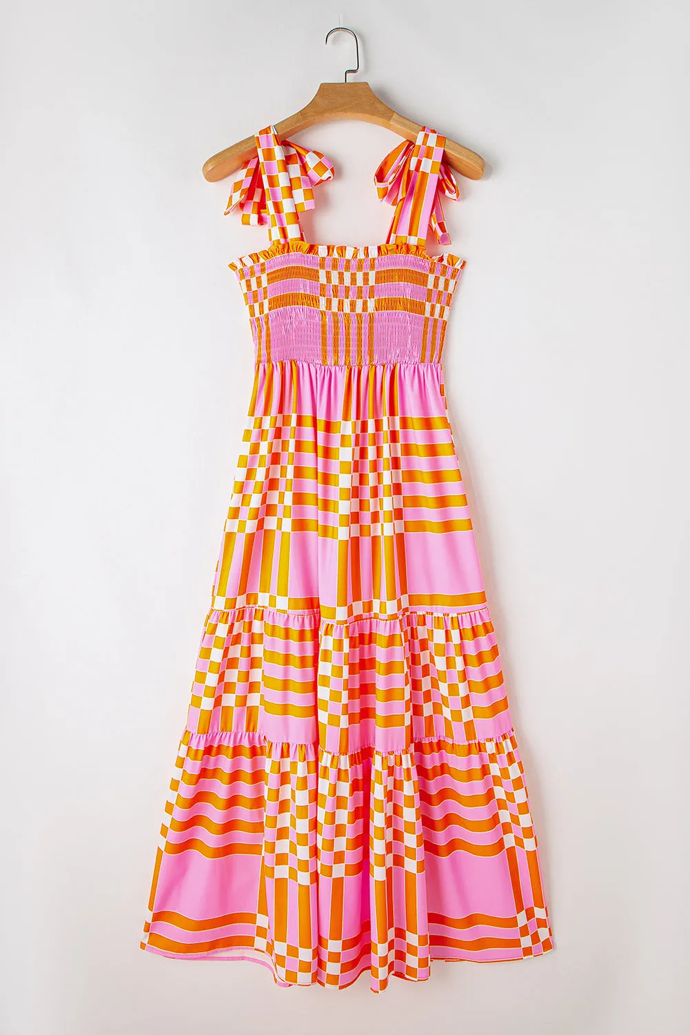 Boho Gingham Tied Straps Smocked Maxi Dress