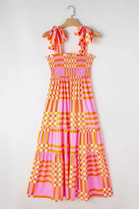 Boho Gingham Tied Straps Smocked Maxi Dress