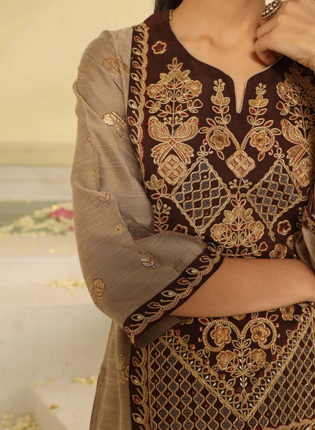 Brown Embroidered Textured Fabric Kurta Set