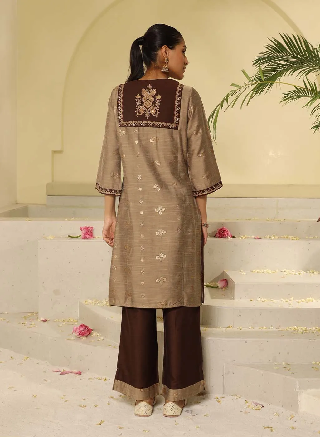 Brown Embroidered Textured Fabric Kurta Set