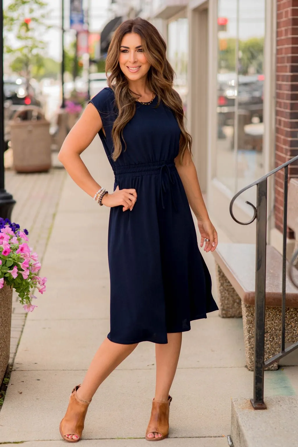 Cap Sleeve Side Slit Tie Midi Dress