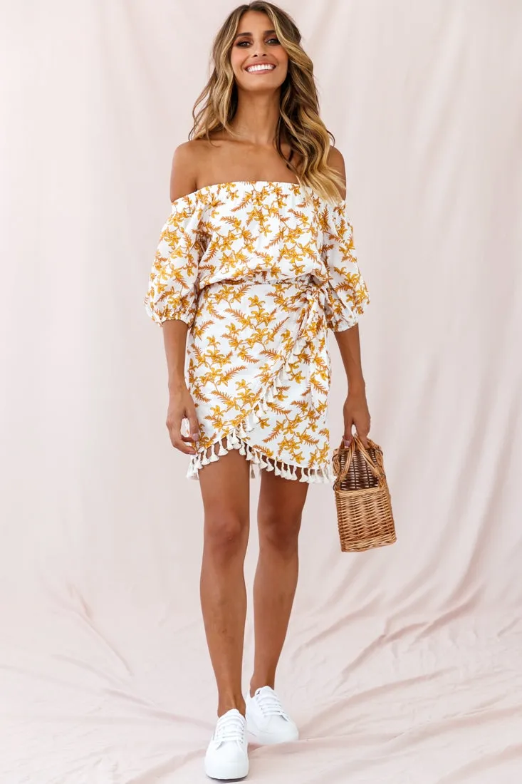 Cayman Tassel Trim Wrap Dress White/Yellow