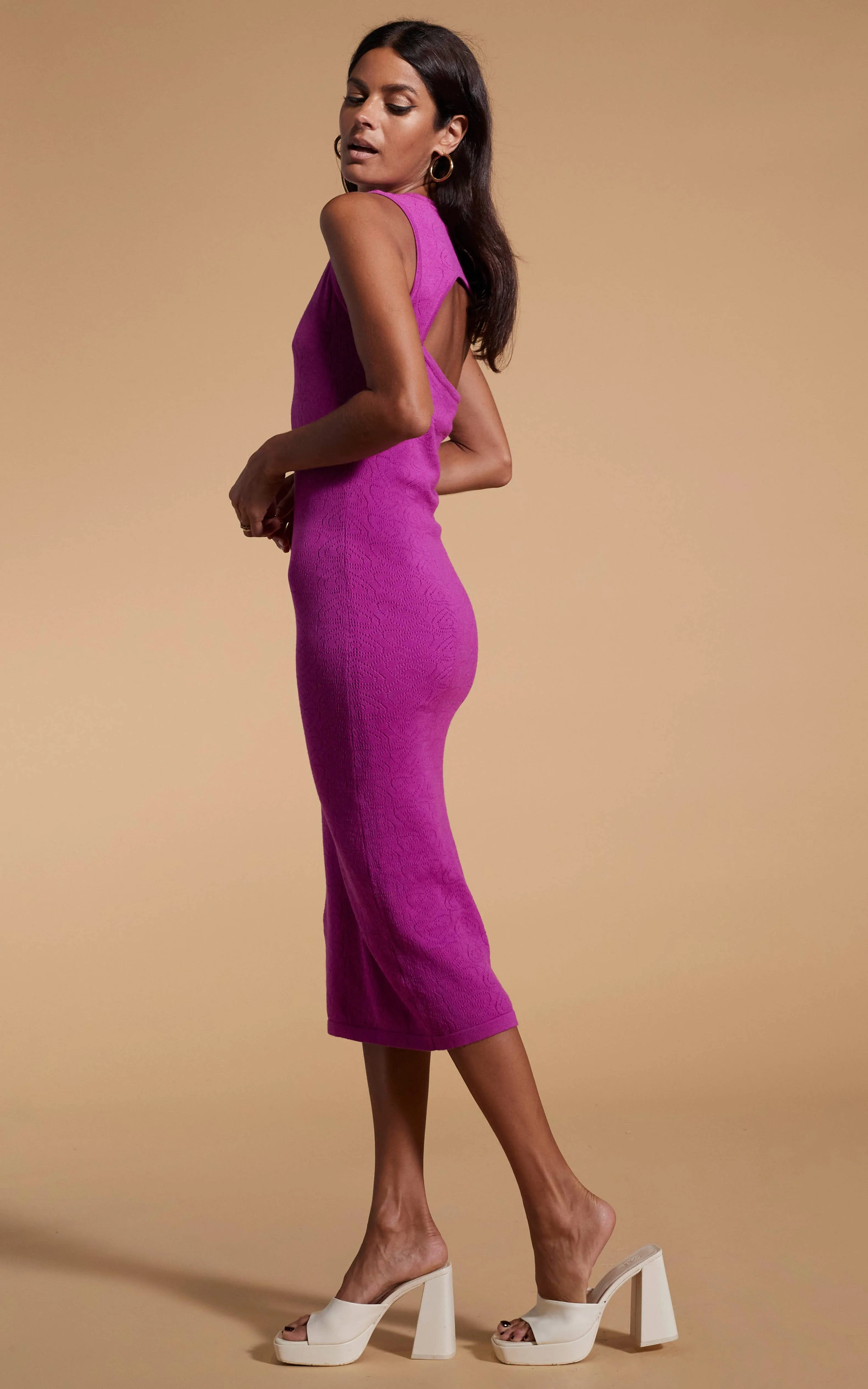 Cleo Pointelle Midi Dress in Purple