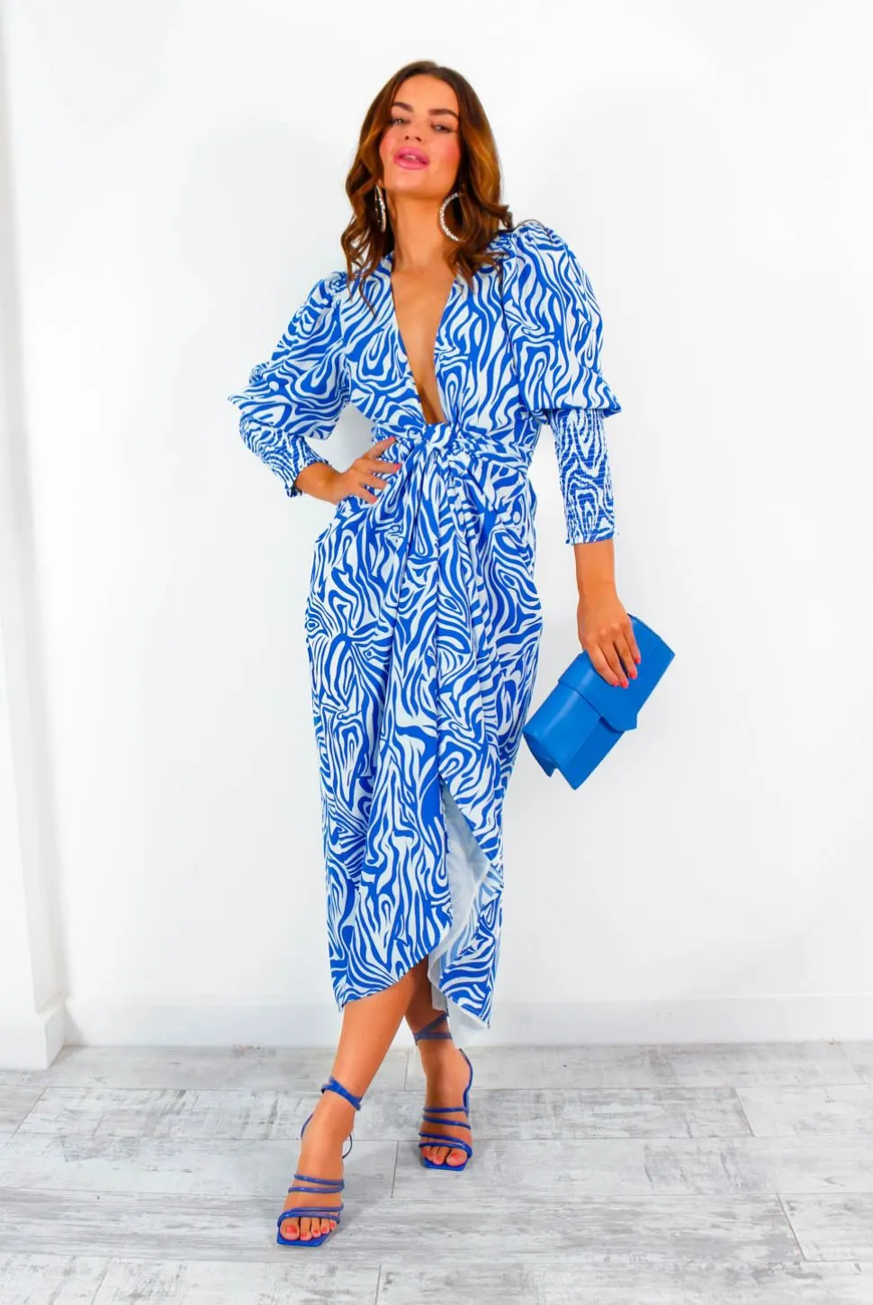 Drive Em Wild - Blue White Zebra Print Midi Wrap Dress