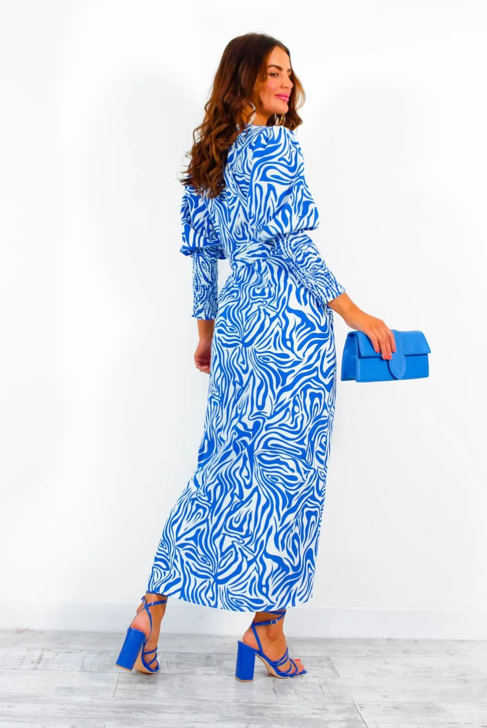 Drive Em Wild - Blue White Zebra Print Midi Wrap Dress