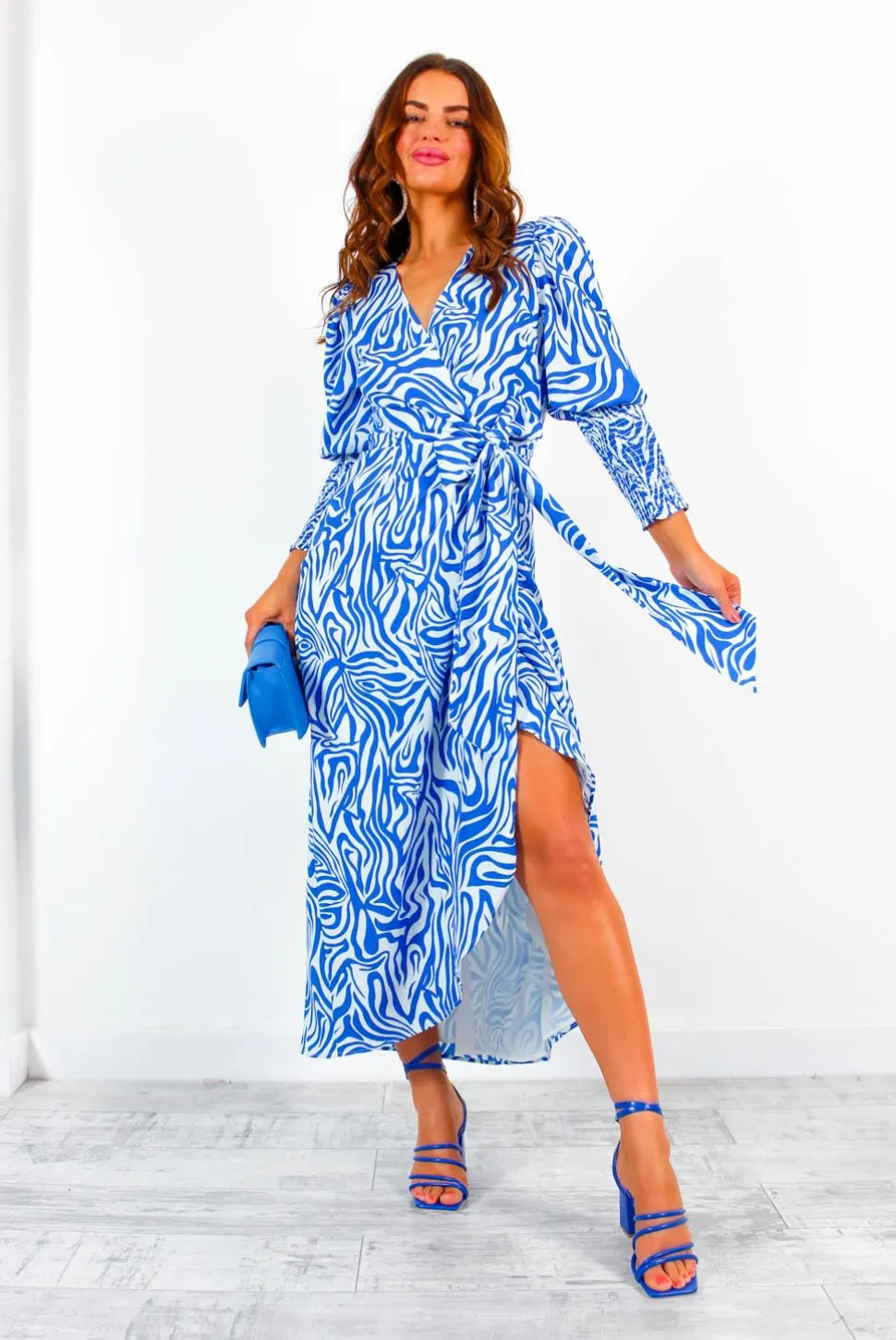 Drive Em Wild - Blue White Zebra Print Midi Wrap Dress