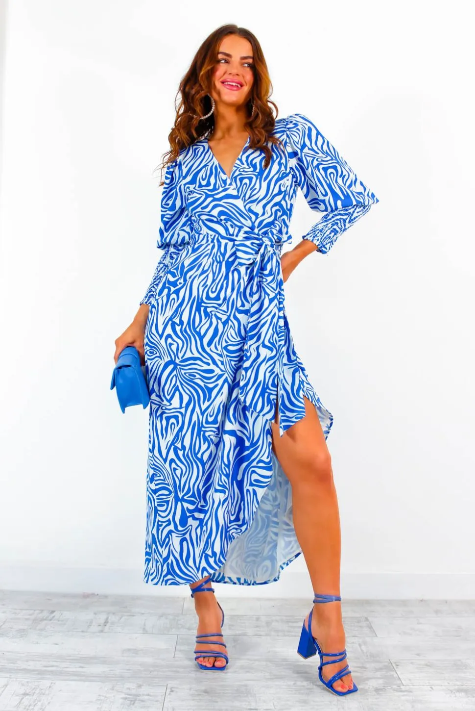 Drive Em Wild - Blue White Zebra Print Midi Wrap Dress