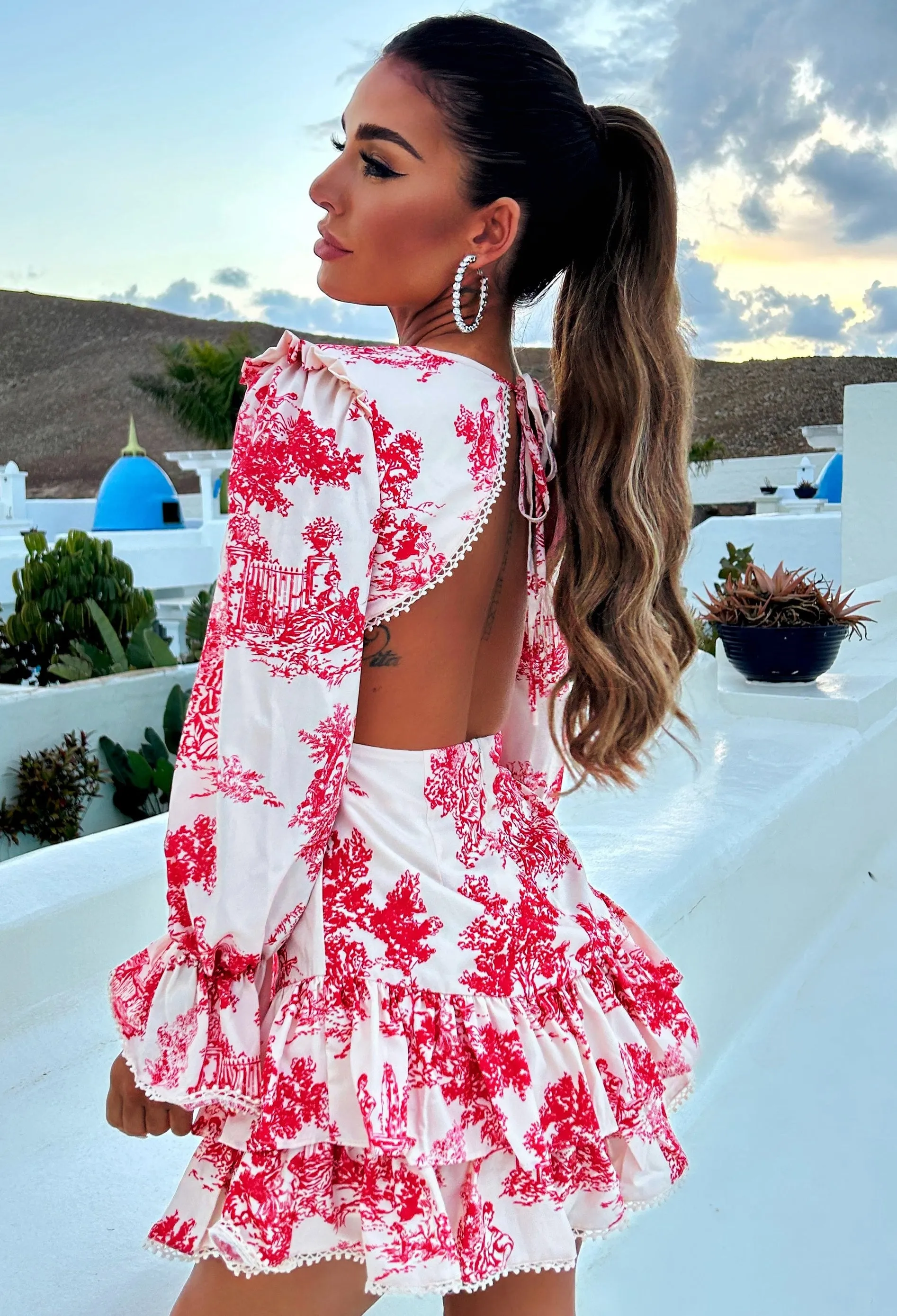 Elegant Affair Red Printed Cut Out Back Long Sleeve Mini Dress