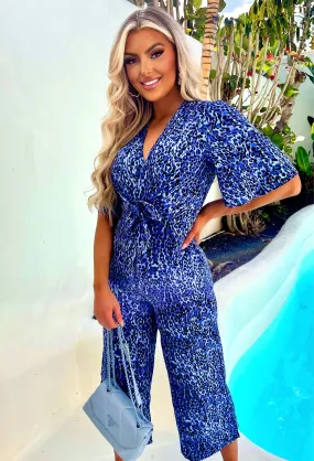 Elegant Guest Blue Leopard Print Knot Front Jumpsuit