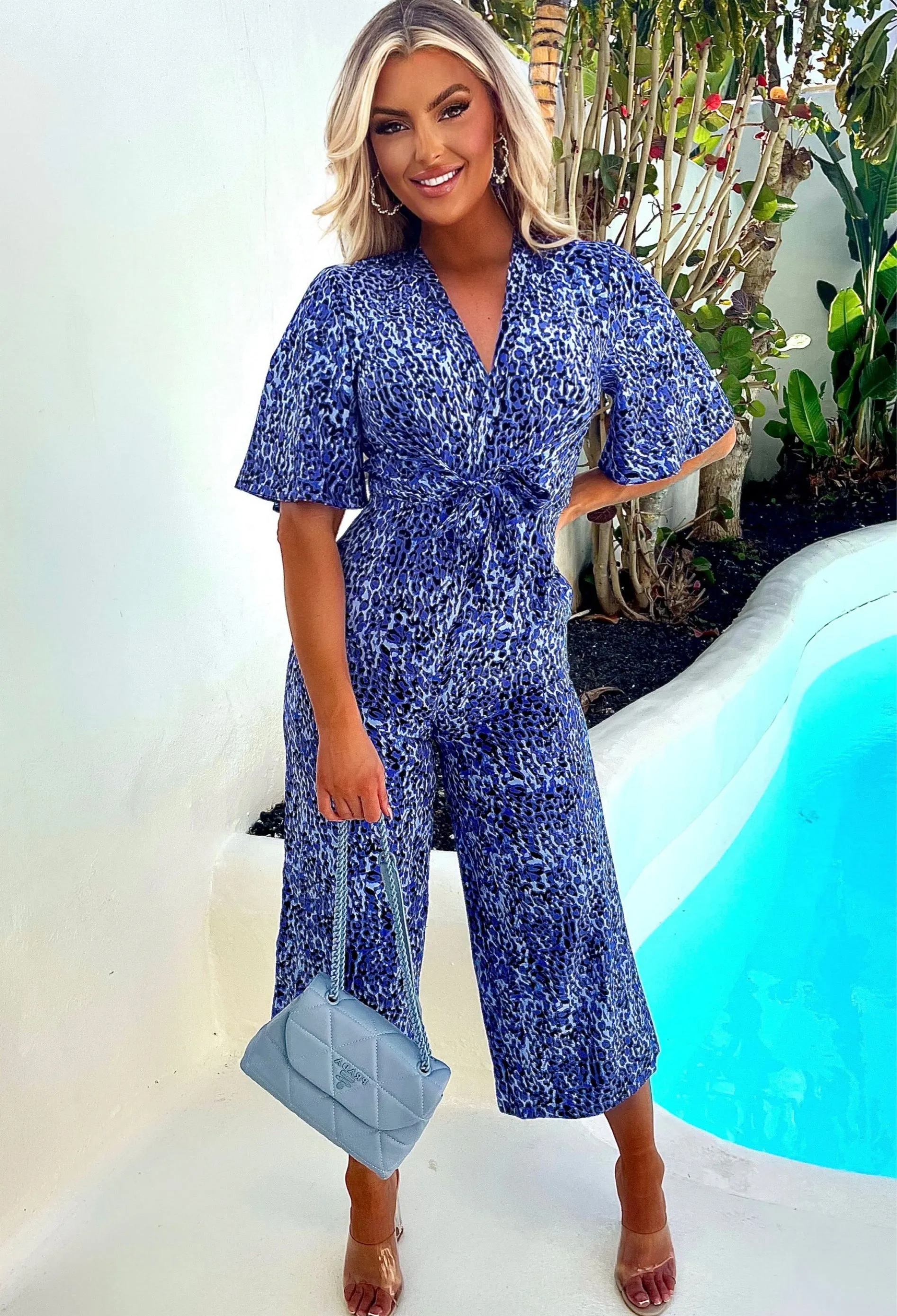 Elegant Guest Blue Leopard Print Knot Front Jumpsuit