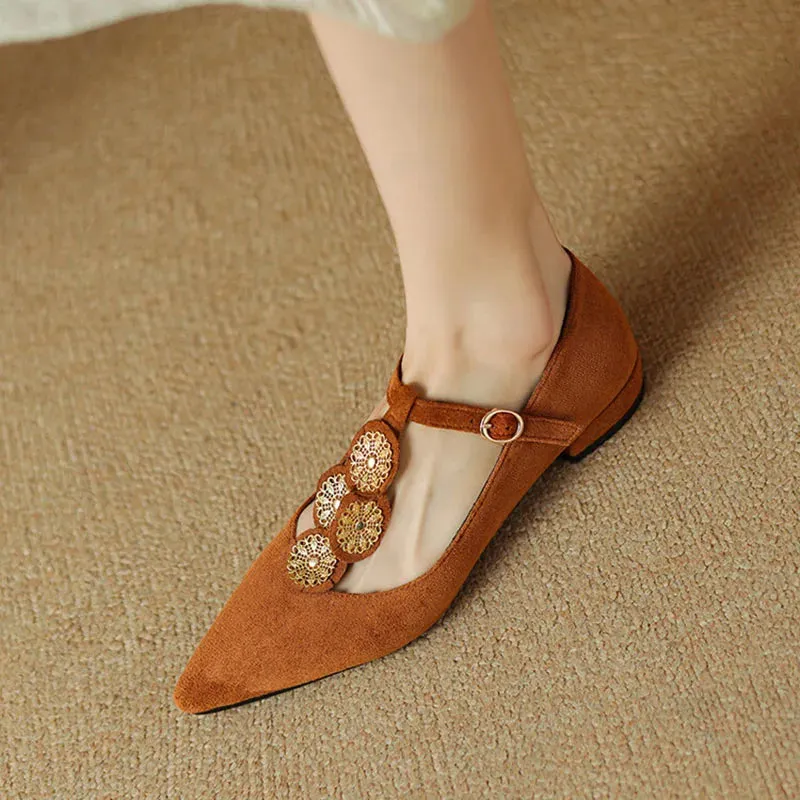 Fiona Applique T-Strap Suede Flats